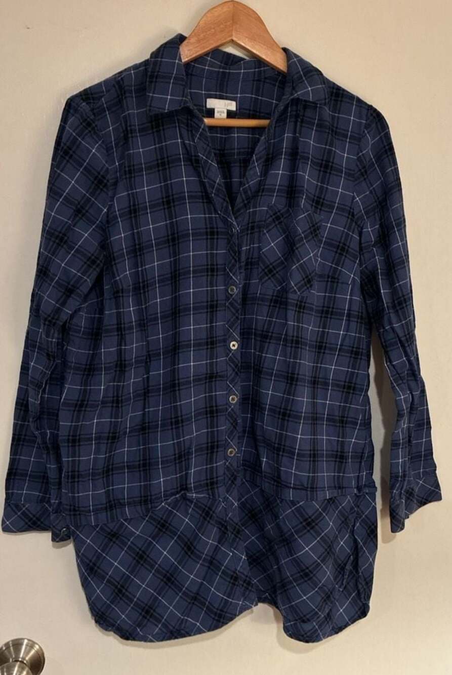 J. Jill Blue Plaid Cotton Long Sleeve Button Down Tunic Shirt with Peplum Hem